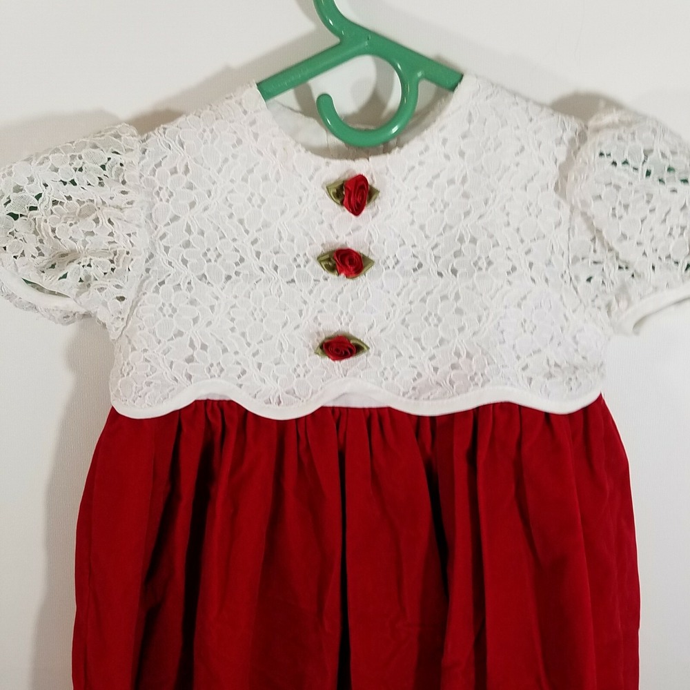 Primrose Pink Dress Red White Colored Size 3T Velvet Vintage Baby Girl - Picture 6 of 6
